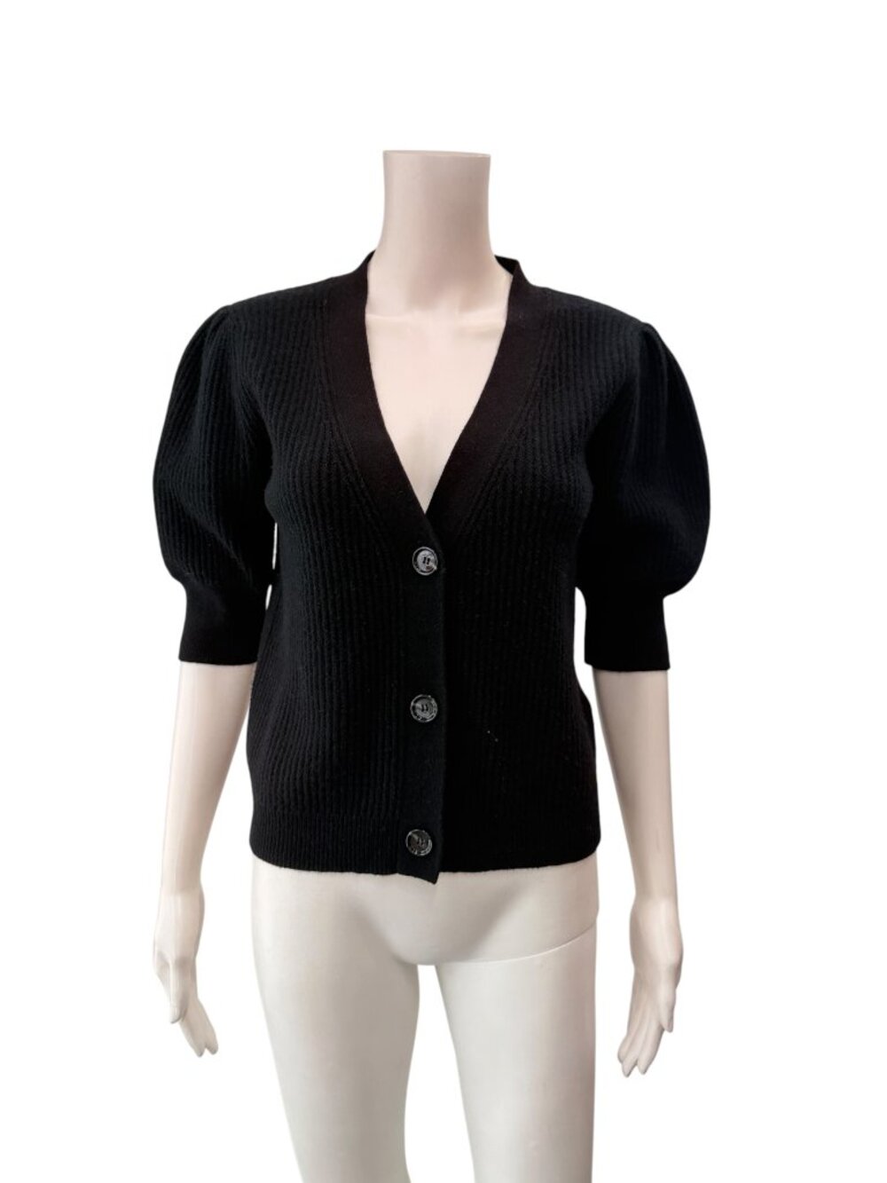 $515 Allude Black Knit Short Puff Sleeve Cardigan Sweater size Medium